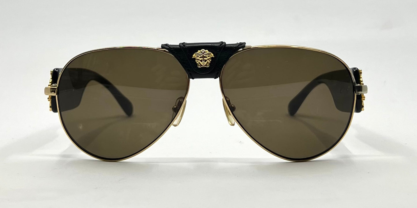 Versace VE2150Q Medusa Leather Bridge Gold Aviator Sunglasses-Unworn-Full Kit