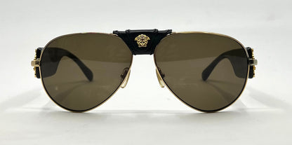Versace VE2150Q Medusa Leather Bridge Gold Aviator Sunglasses-Unworn-Full Kit