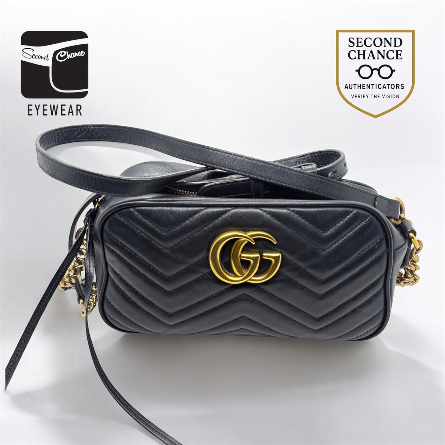Gucci GG Marmont Small Camera Bag-Black Leather- Chevron Gold