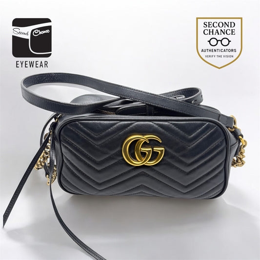 Gucci GG Marmont Small Camera Bag-Black Leather- Chevron Gold