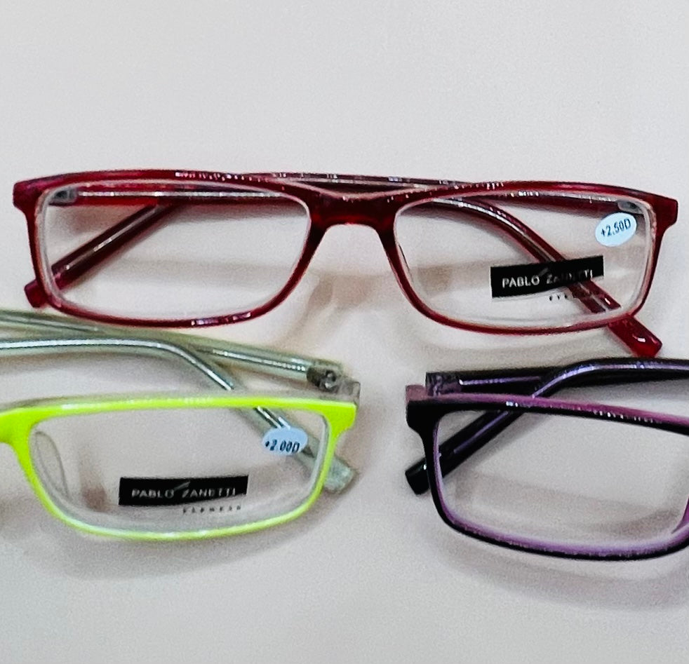 PABLO ZANETTI  GEOMETRIC NARROW READERS.  COMES IN THREE VIBRANT COLORS & VARIOUS MAGNIFICATION