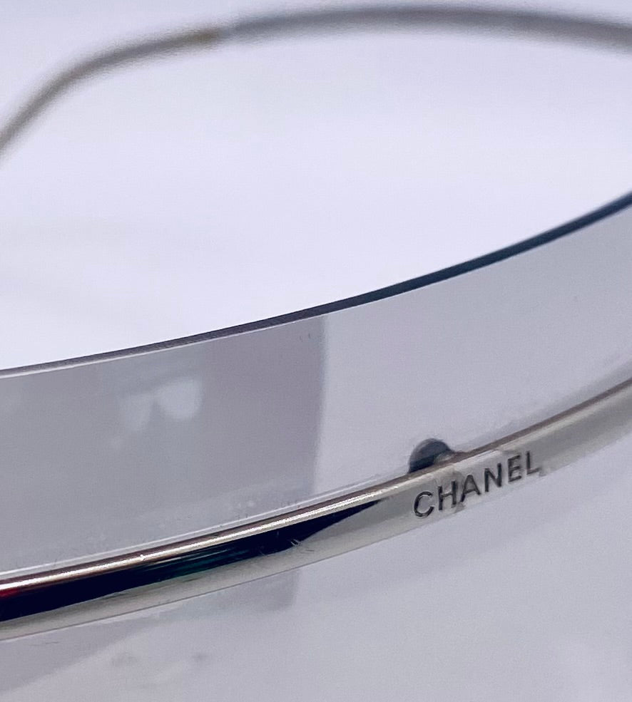 Chanel 4045 c.124/57 Vintage 2000s Shield Sunglasses-Silver Metal, Grey to Clear Gradient lens