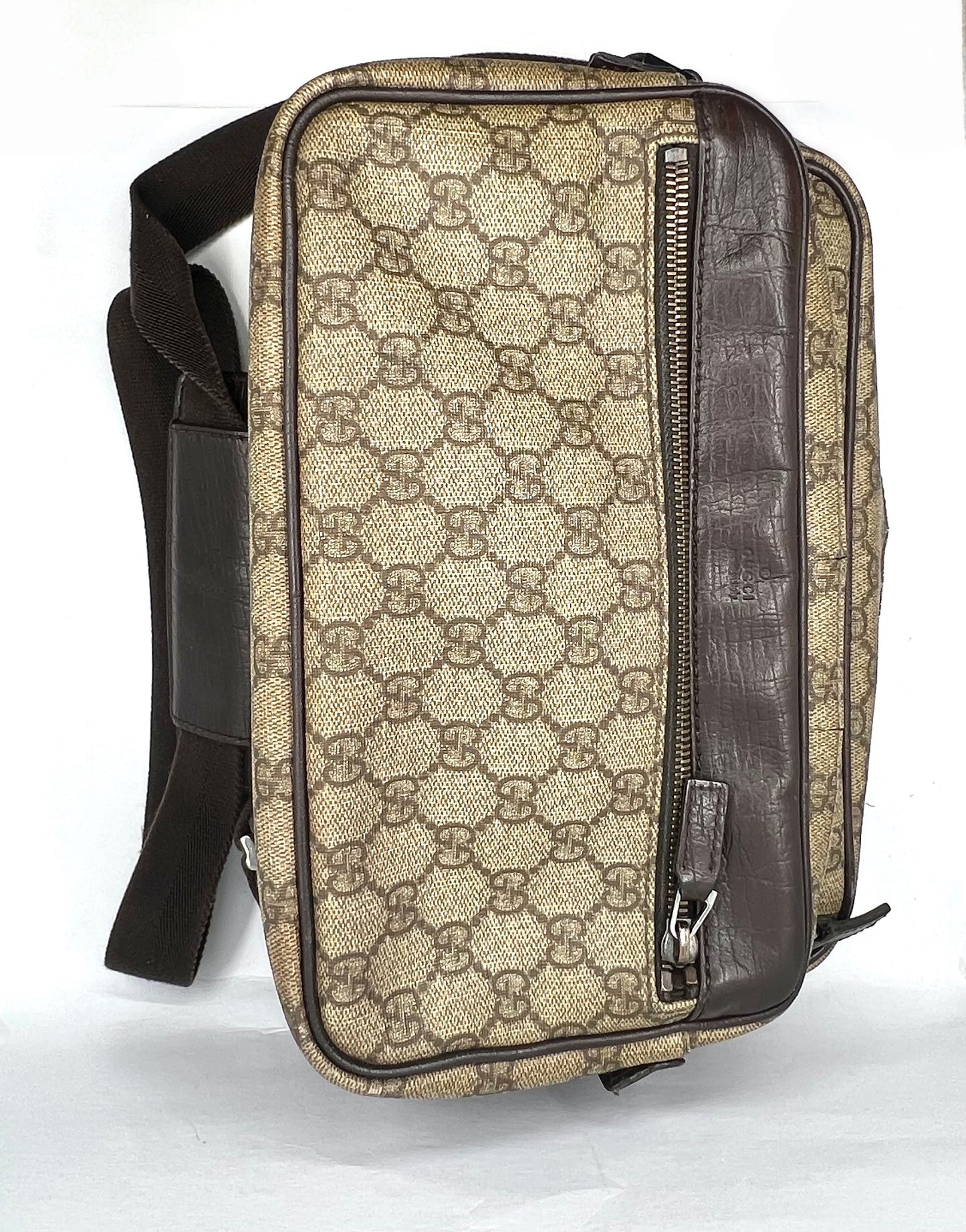 Gucci GG Monogram Canvas Double Zip Crossbody Messenger Bag Authentic