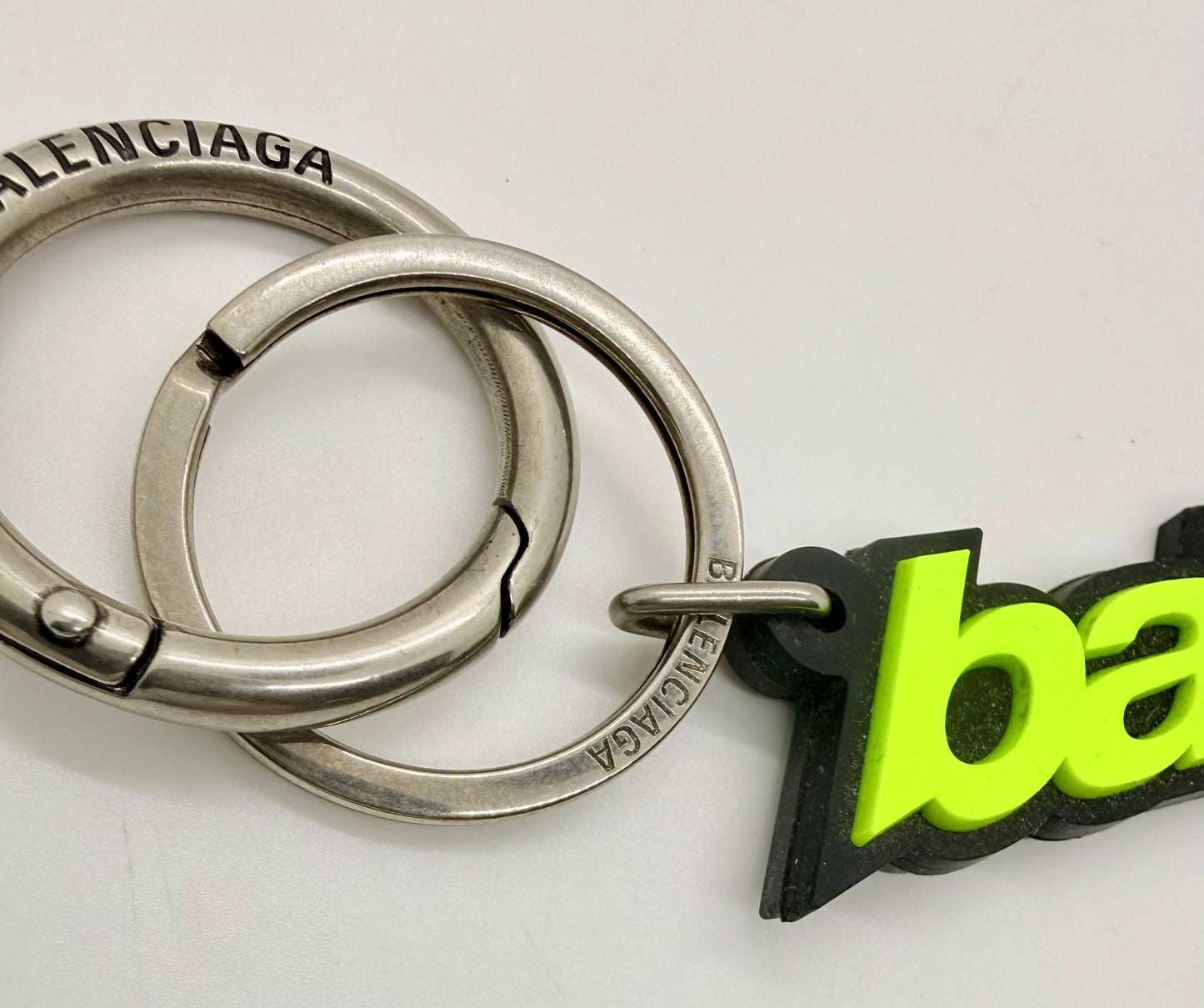 Balenciaga Logo Keychain-Neon Green Black-Silver Hardware-Authentic