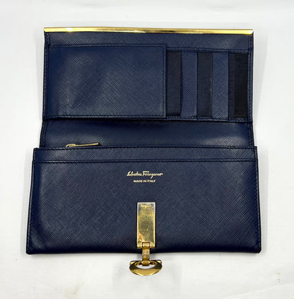 Salvatore Ferragamo Navy Saffiano Kisslock Long Wallet – Made in Italy
