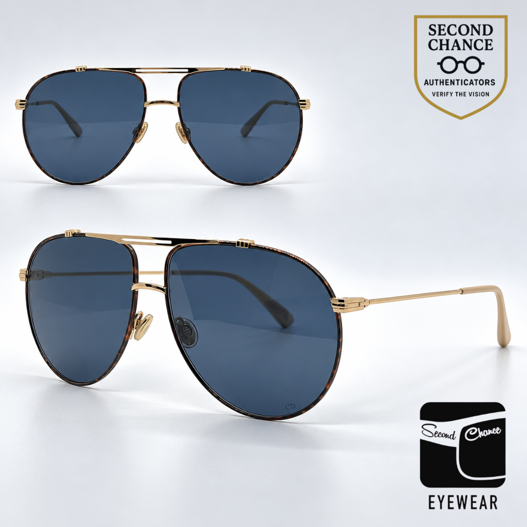 Christian Dior DiorMonsieur1 Aviator Gold Havana Sunglasses-Blue Lenses-Unworn