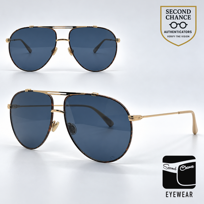Christian Dior DiorMonsieur1 Aviator Gold Havana Sunglasses-Blue Lenses-Unworn