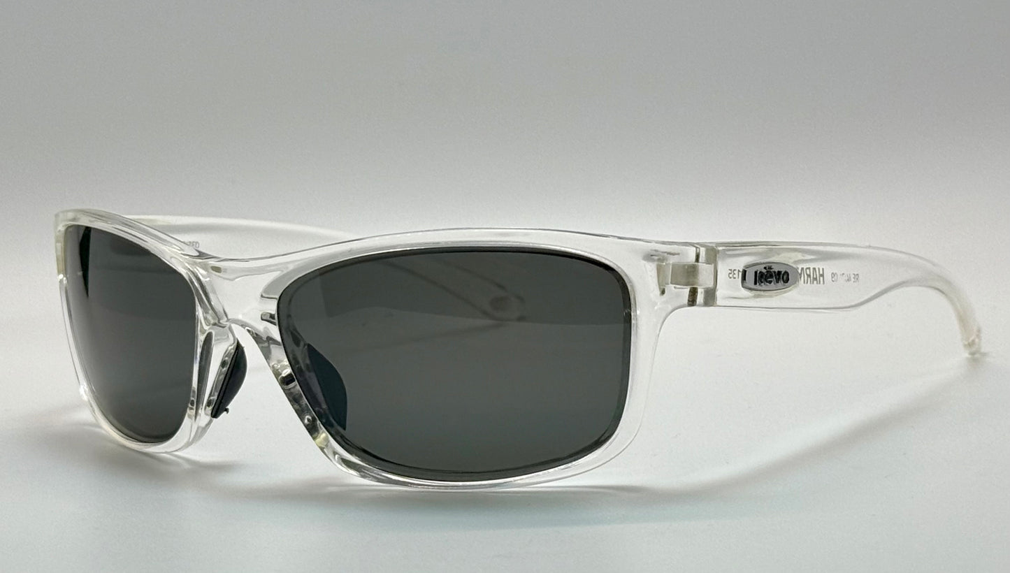 Vintage Revo HARNESS Polarized Sunglasses-Crystal Clear Frame w/New Dark Grey Polarized Lenses