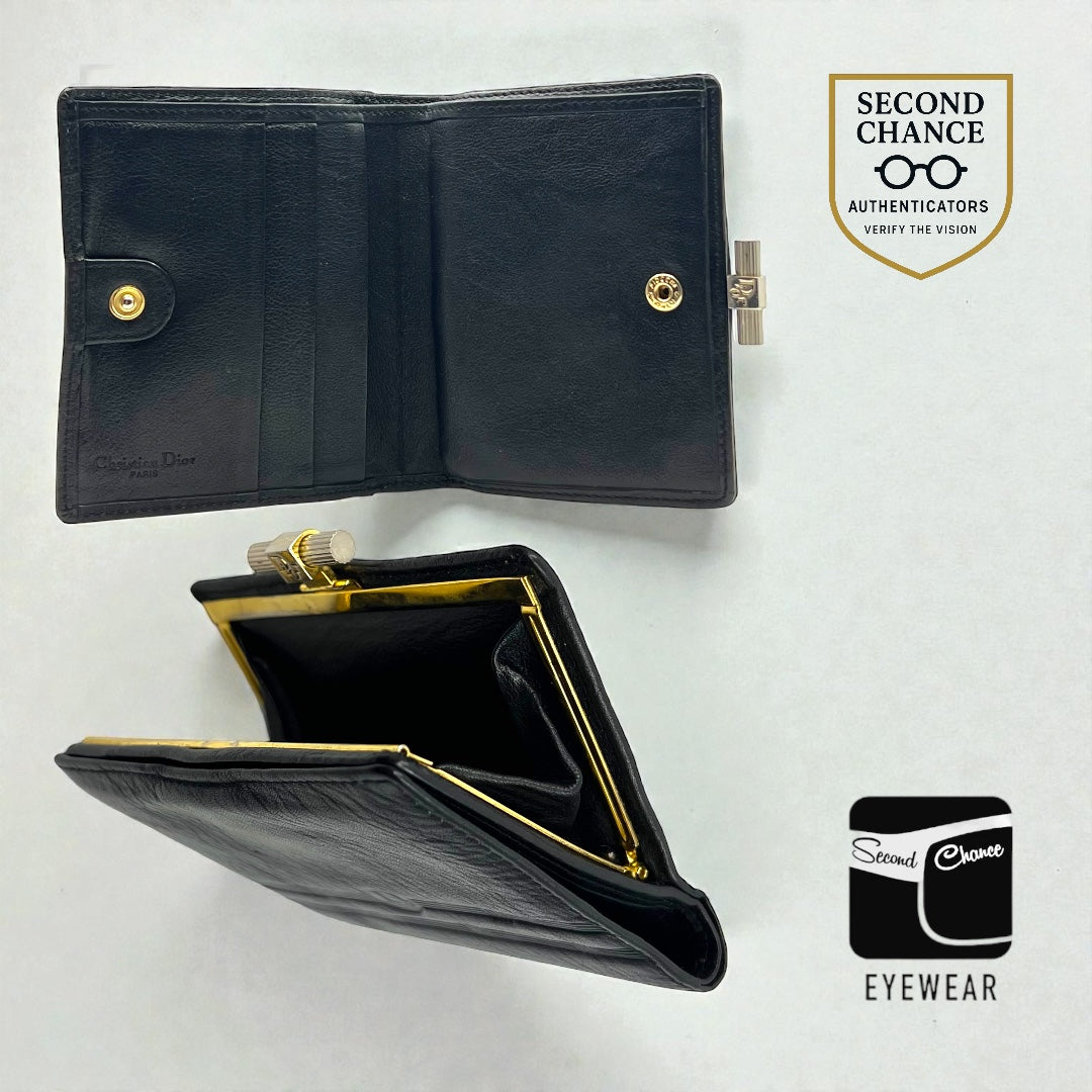 Christian Dior Vintage Black Leather Turnlock Wallet Made in France