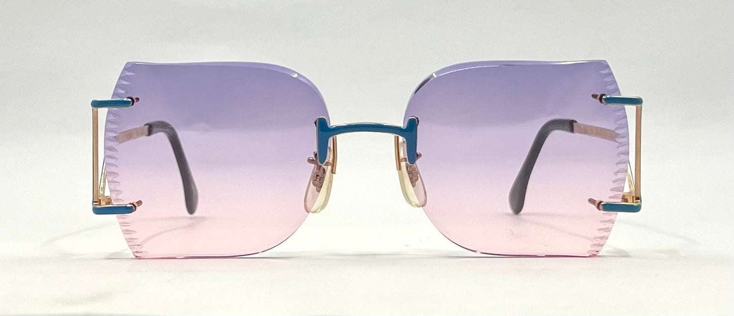 VOGUE GILT-Vintage Rimless Shield Sunglasses Faceted Edge Purple Pink Gradient NOS
