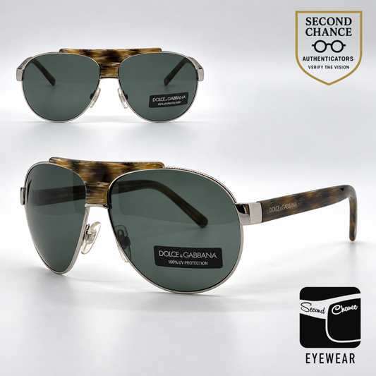 Dolce and Gabbana DG2056 251/71 Aviator-Vintage Sunglasses Silver-Tortoiseshell Green-Unworn