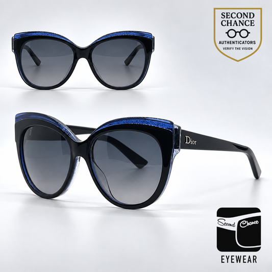 Christian Dior DiorGlisten1 Black Blue Glitter Cat-Eye Sunglasses-Grey Gradient Lenses-Unworn