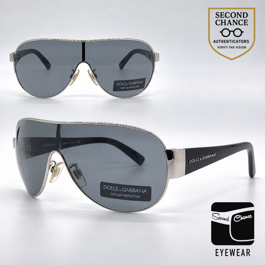 Dolce and Gabbana DG2012 05/87 Oversized Shield-Vintage Sunglasses Silver Black-Grey-Unworn