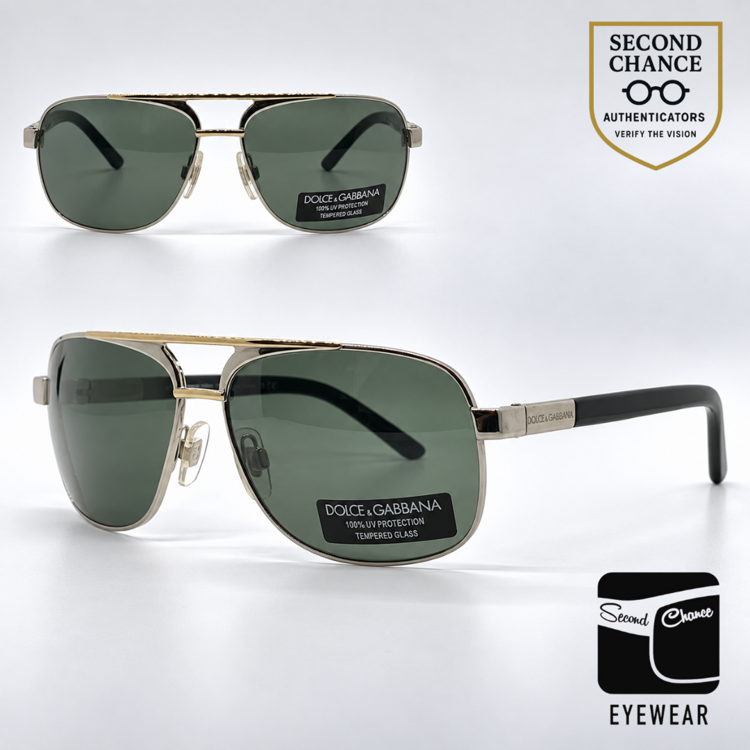 Dolce and Gabbana DG2049 265/31 Double-Bridge Aviator-Vintage Sunglasses Silver-Gold Green Lenses-Unworn