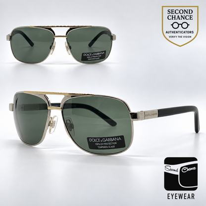 Dolce and Gabbana DG2049 265/31 Double-Bridge Aviator-Vintage Sunglasses Silver-Gold Green Lenses-Unworn