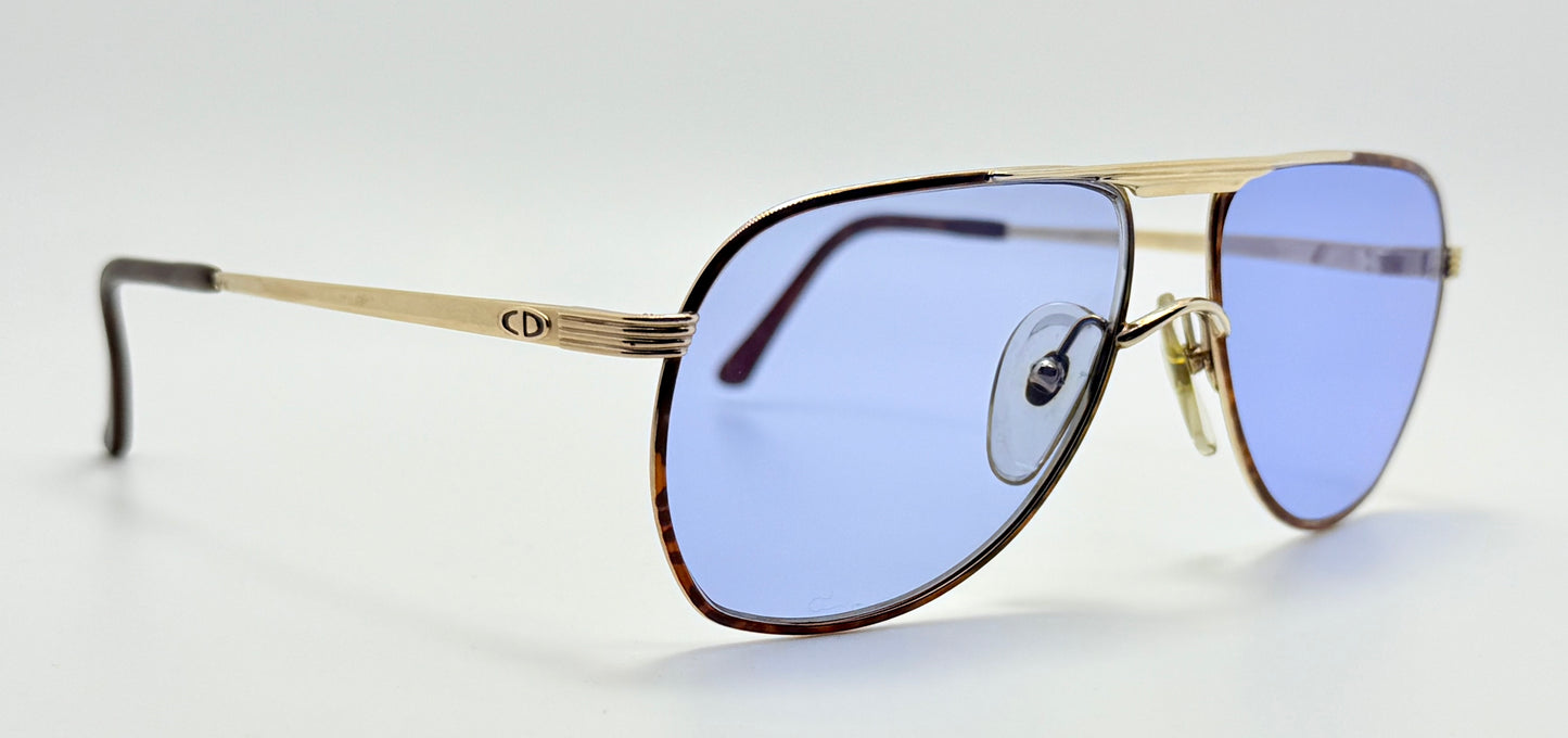 Vintage New/Deadstock Christian Dior 2553 41 Gold Plated Sunglasses with Custom Sky Blue Day/Night Lenses