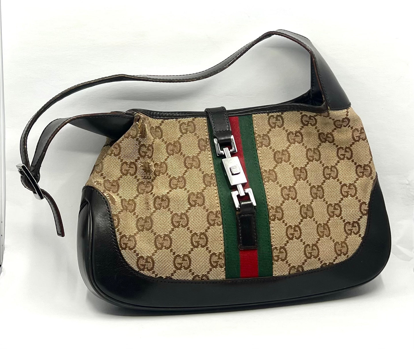 Gucci-Vintage Jackie GG Canvas Shoulder Bag-Green/Red Web-Italy