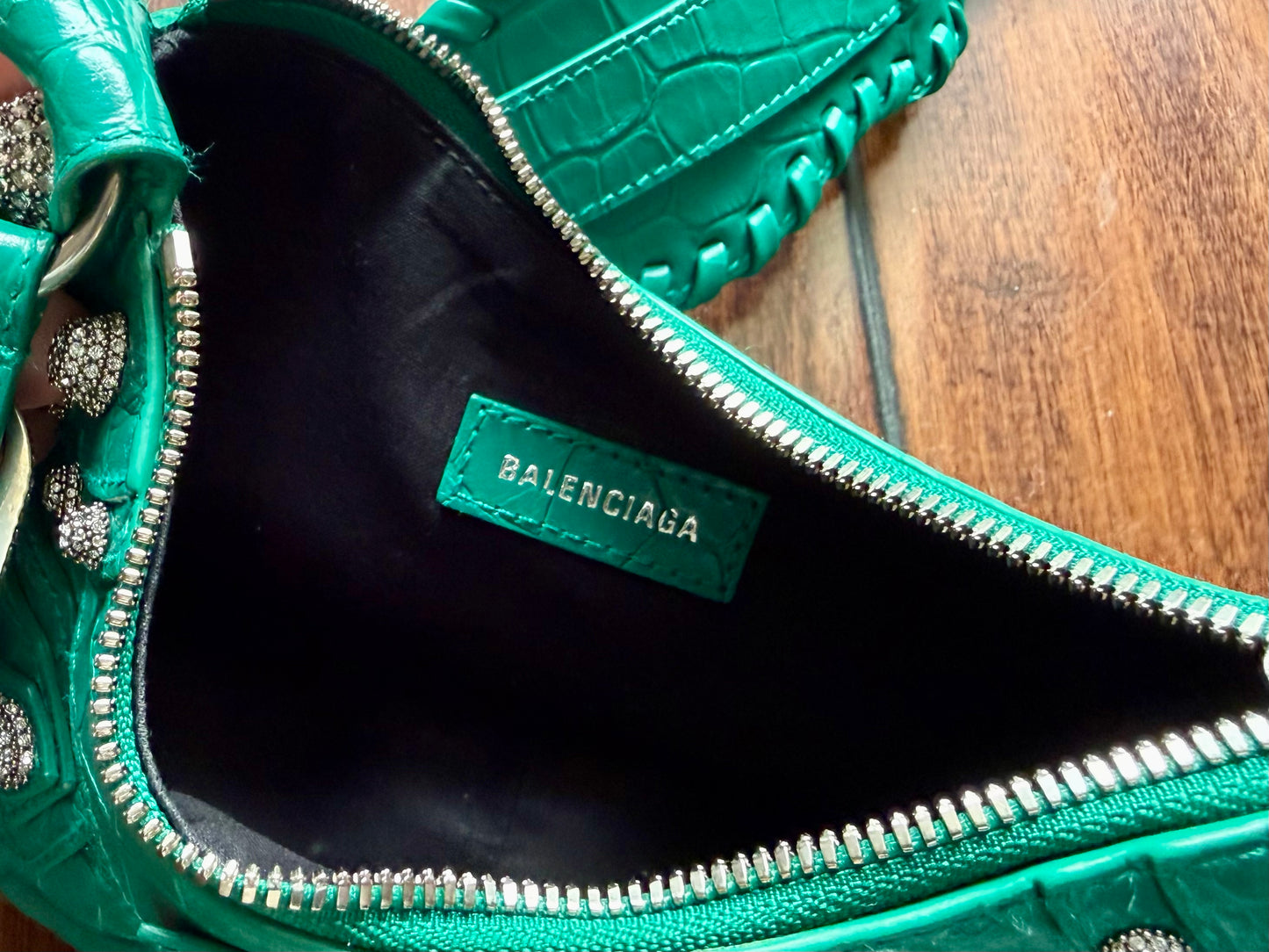 Balenciaga Le Cagole XS Green Croc Embossed Crystal Stud Bag Full Set