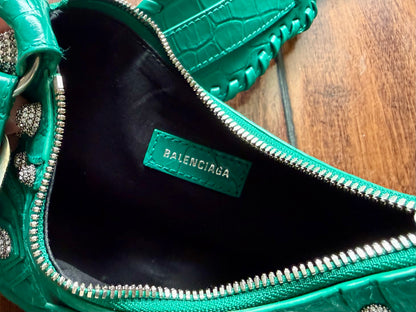 Balenciaga Le Cagole XS Green Croc Embossed Crystal Stud Bag Full Set