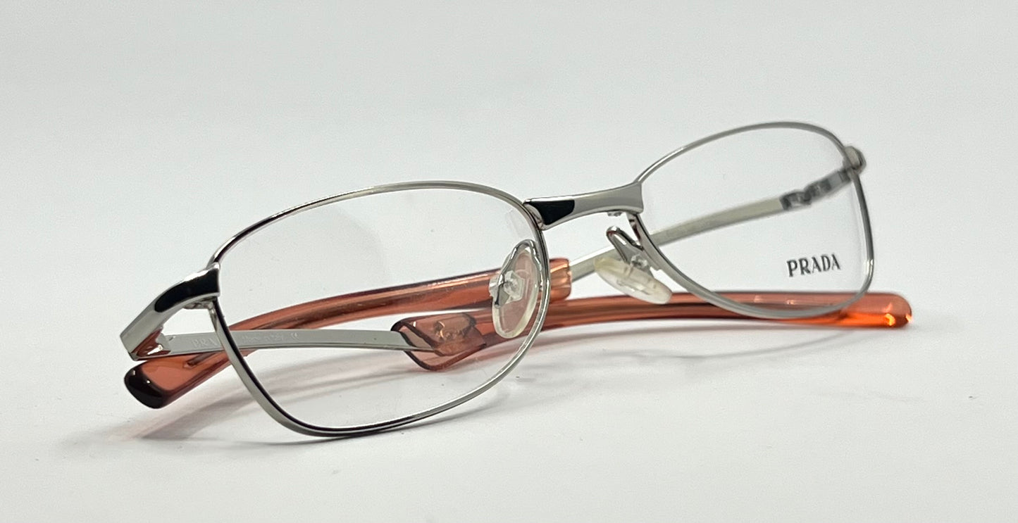 Prada VPR 76C Vintage Eyeglasses-Full Rim-Silver Orange Tips-Unworn-Made in Italy