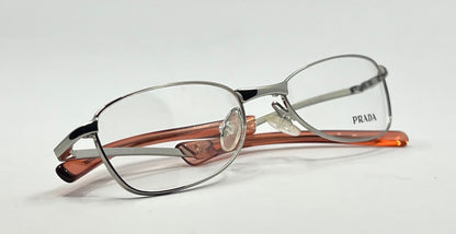Prada VPR 76C Vintage Eyeglasses-Full Rim-Silver Orange Tips-Unworn-Made in Italy