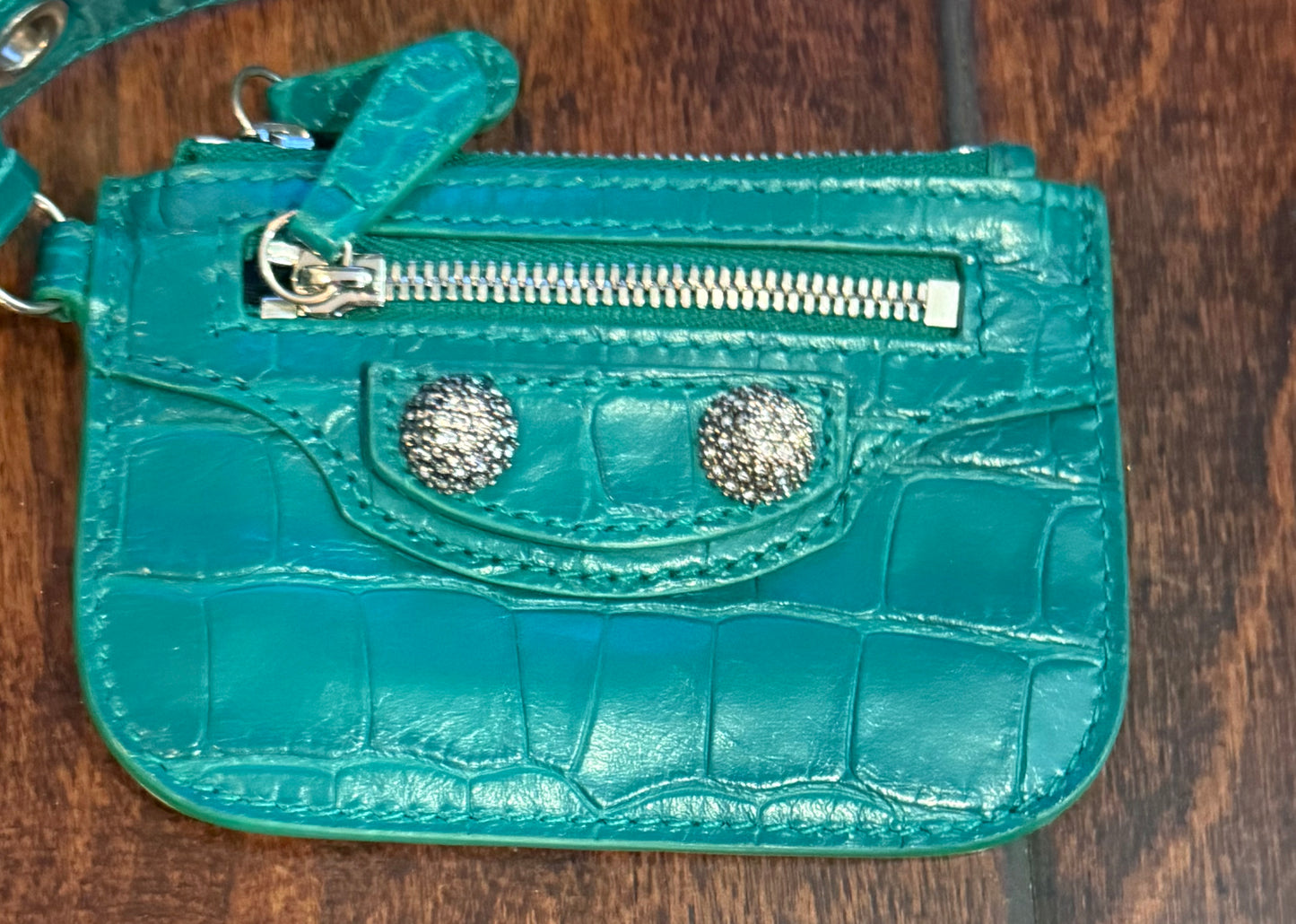 Balenciaga Le Cagole XS Green Croc Embossed Crystal Stud Bag Full Set