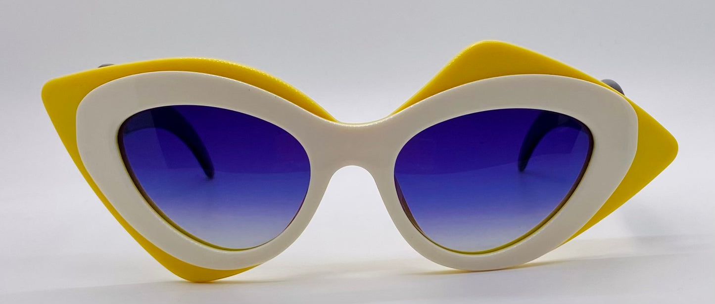 Linda Farrow x Prabal Gurung PG/17/5 Cat-Eye Sunglasses-Bold Yellow & White Acetate with Gradient Blue Lenses