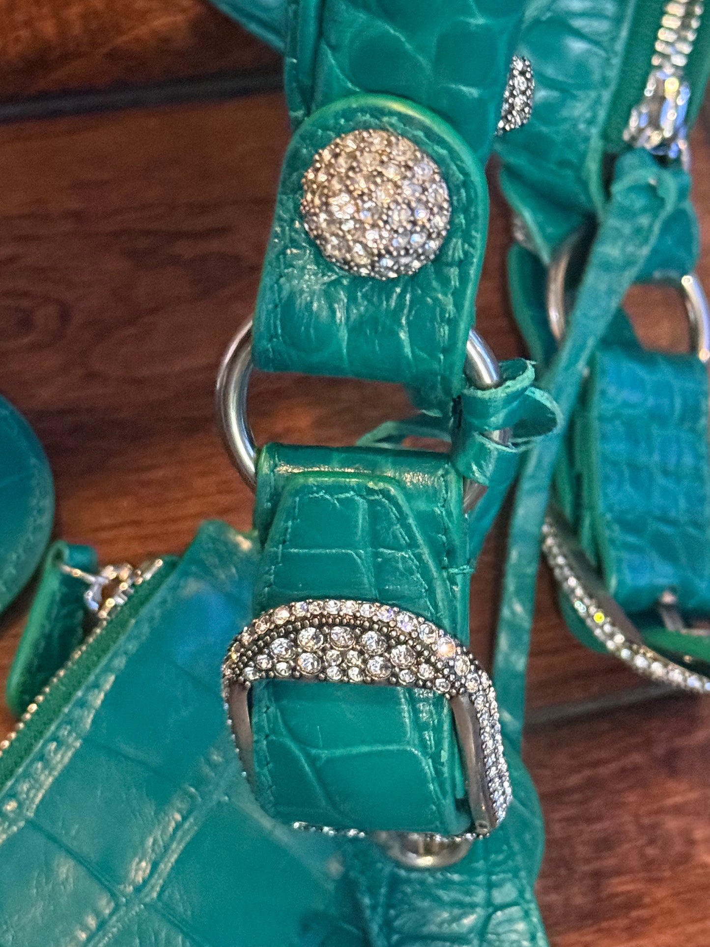 Balenciaga Le Cagole XS Green Croc Embossed Crystal Stud Bag Full Set