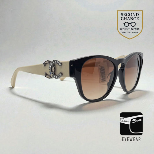 CHANEL 5455-Q-A Vintage Sunglasses Leather Crystal CC Made in Italy-Unworn