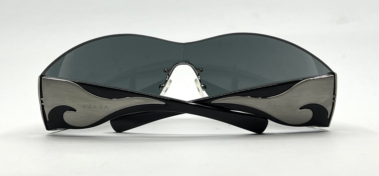 Prada SPR 58F Shield Sunglasses 5AV-1A1 Black Silver Full Kit Italy