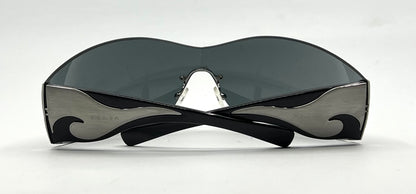Prada SPR 58F Shield Sunglasses 5AV-1A1 Black Silver Full Kit Italy