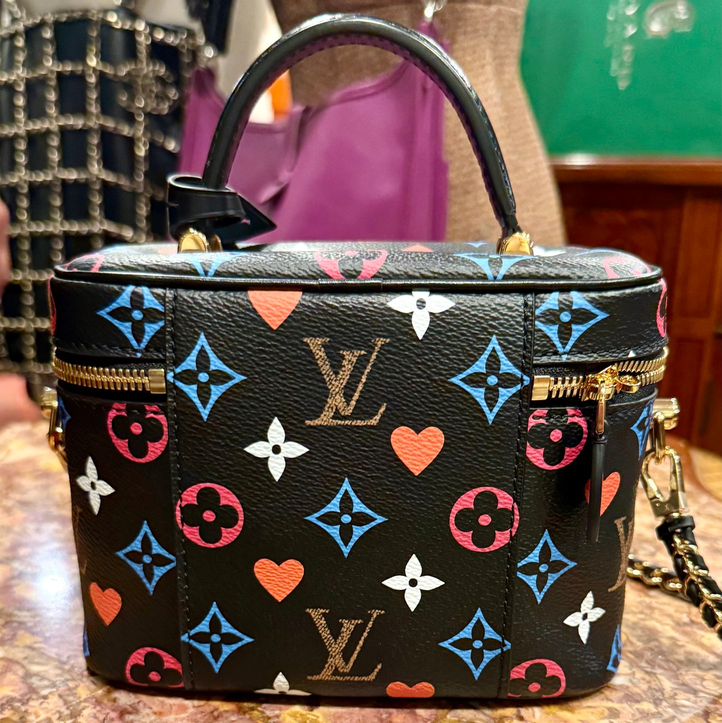 Louis Vuitton - Game On Vanity PM Black Multicolor Hearts Chain Bag Lock LV