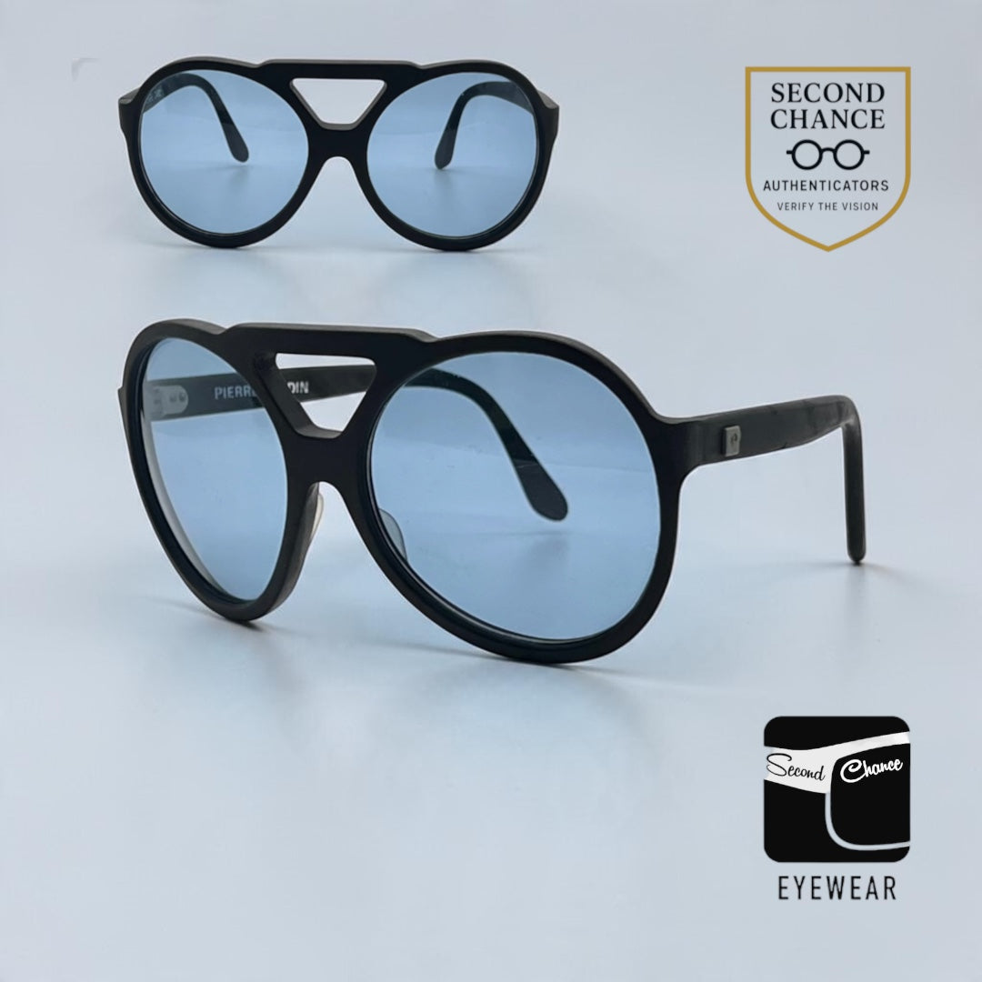 Pierre Cardin C842-VINTAGE Space Age Black Round Blue Lens Sunglasses-Unworn/NOS