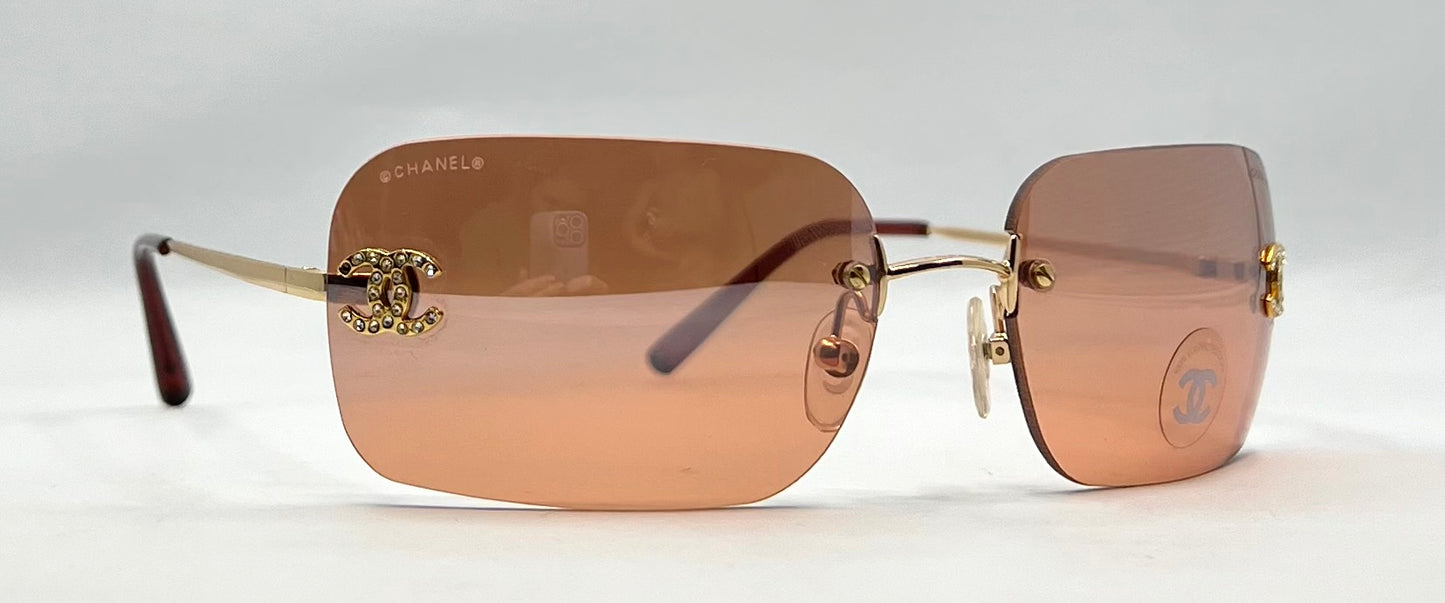 Chanel 4017-D Rimless Shield Sunglasses Swarovski CC-Unworn/Y2K Vintage-Italy