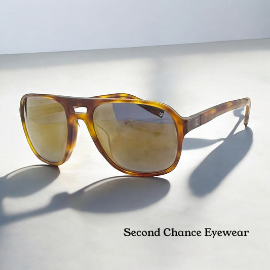 John Varvatos Classic Aviator Sunglasses-Tortoise Horn Acetate-Mirrored Gold Lenses-New/Unworn