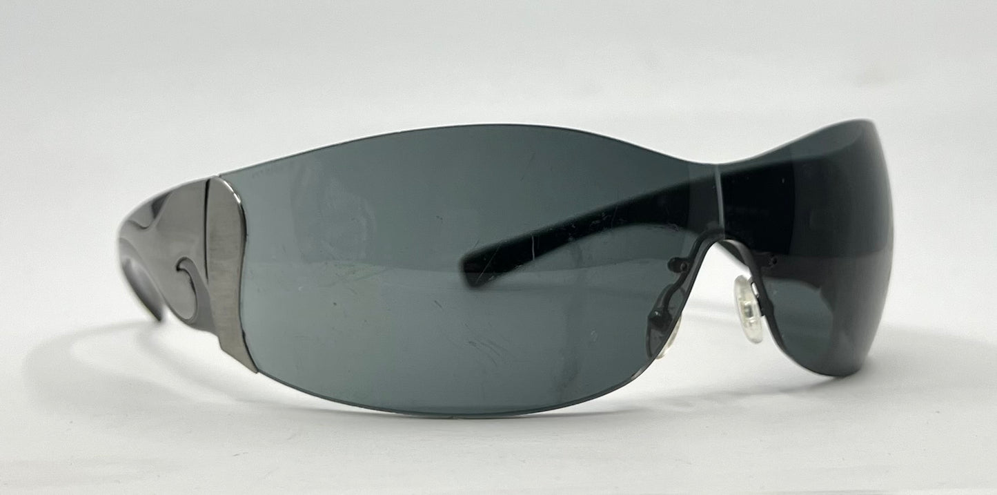 Prada SPR 58F Shield Sunglasses 5AV-1A1 Black Silver Full Kit Italy