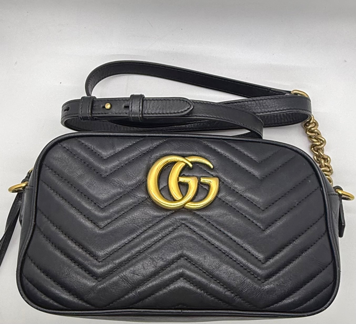 Gucci GG Marmont Small Camera Bag-Black Leather- Chevron Gold
