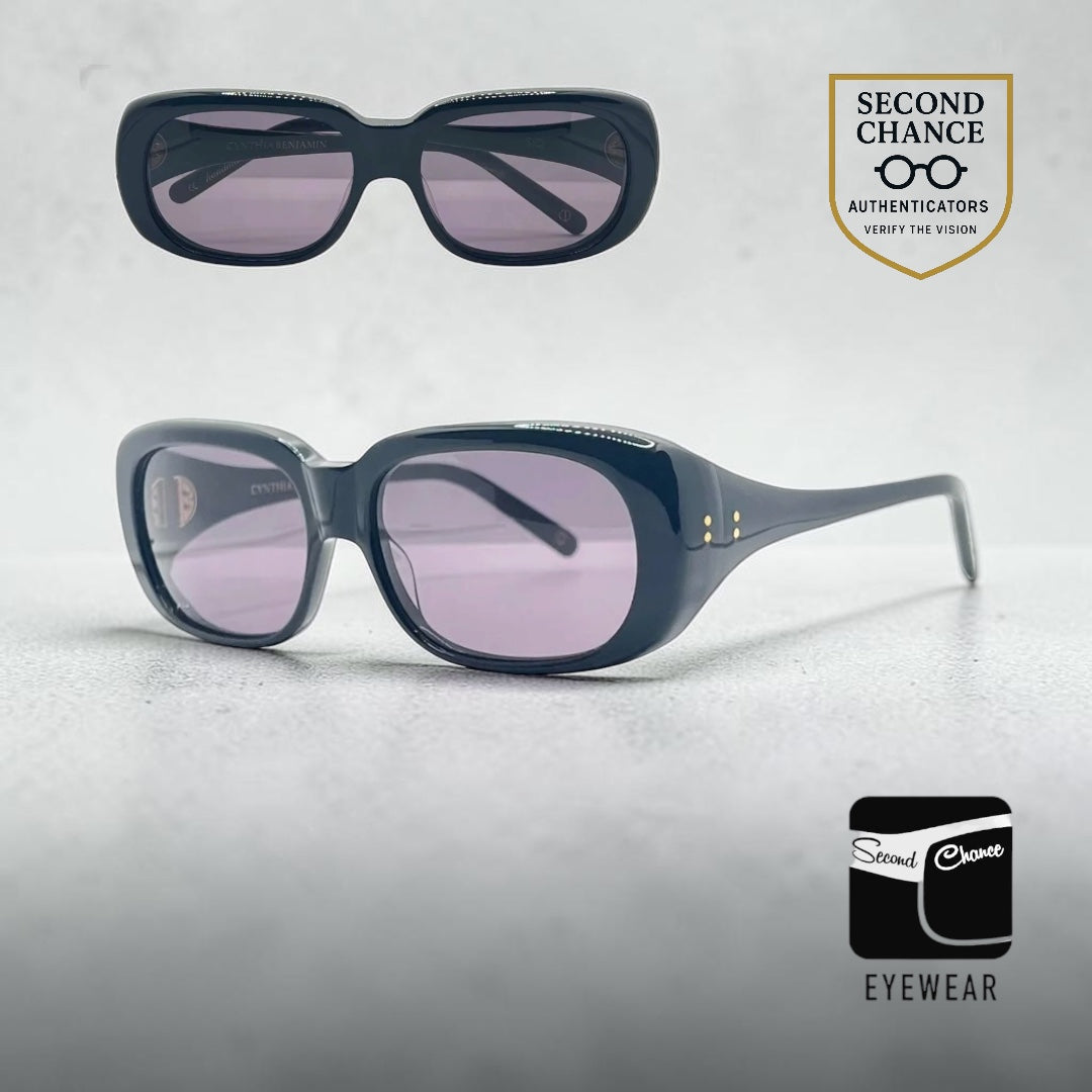 CYNTHIA BENJAMIN “SID” Handmade Sunglasses – Deep Navy Acetate with Violet Lenses – Brand New Full Kit