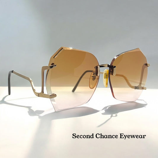 ANAMAR Rimless Shield Sunglasses-Gold Hardware-Gradient Cognac Sunset Lenses-Amazing Vintage Condition