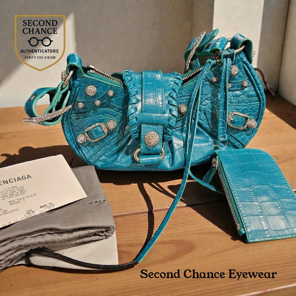 Balenciaga Le Cagole XS Green Croc Embossed Crystal Stud Bag Full Set