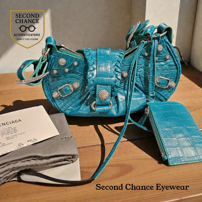 Balenciaga Le Cagole XS Green Croc Embossed Crystal Stud Bag Full Set