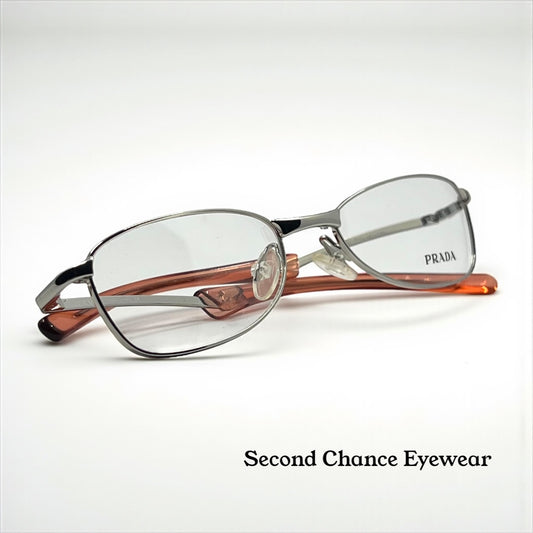 Prada VPR 76C Vintage Eyeglasses-Full Rim-Silver Orange Tips-Unworn-Made in Italy