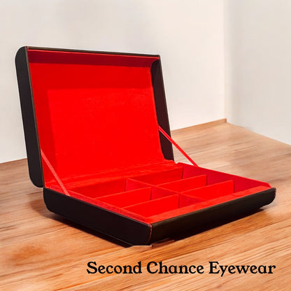 Six Frame EYEWEAR Storage w/Magnetic Closure-Black Leatherette with Red Suede Interior