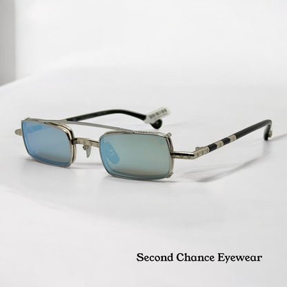 Brand New Philippe V X2 Titanium Rectangle Glasses | Yellow Lenses | Mirrored Silver Clip-On | Made in Japan