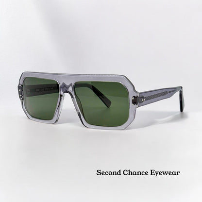 JAZO JO33 C03 Translucent Gray Sunglasses-Handcrafted in Italy, Carbon Fiber Temples, Green Lenses