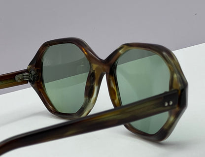 Vintage American Optical 5 1/4 HEX Sunglasses - with Brand New “Berko’s Designs” Custom Bottle Green Lenses