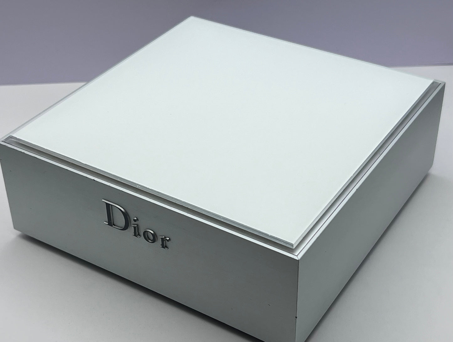 DIOR Square Retail Counter Display-Raised DIOR Lettering-Metallic Boarder-White Taupe Top