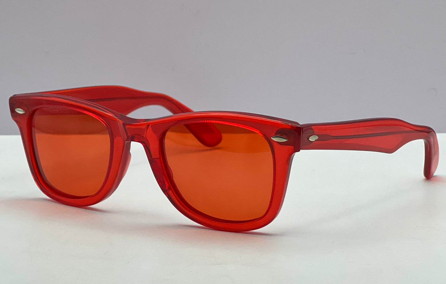 Vintage RED CHERRY Wayfarer Sunnies-USA Handmade with Brand New “Berko’s Designs” Custom Vermilion Lenses