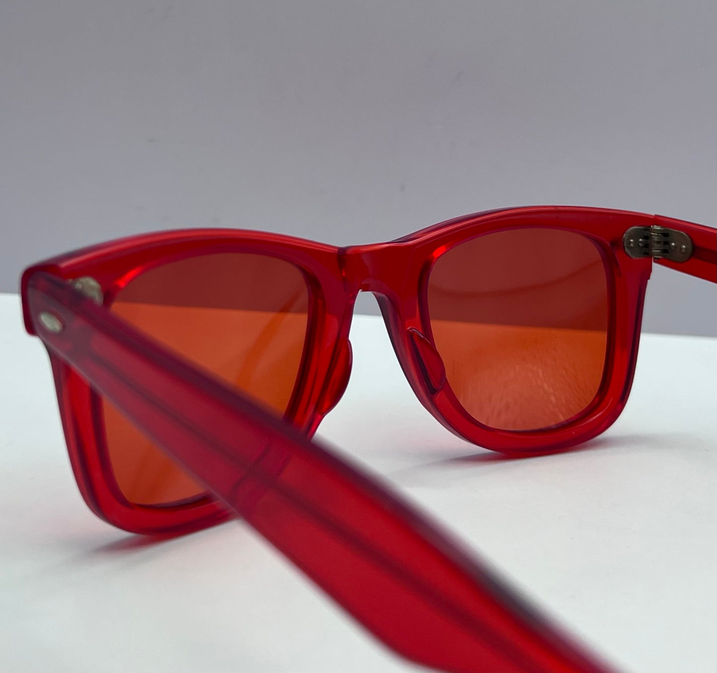 Vintage RED CHERRY Wayfarer Sunnies-USA Handmade with Brand New “Berko’s Designs” Custom Vermilion Lenses