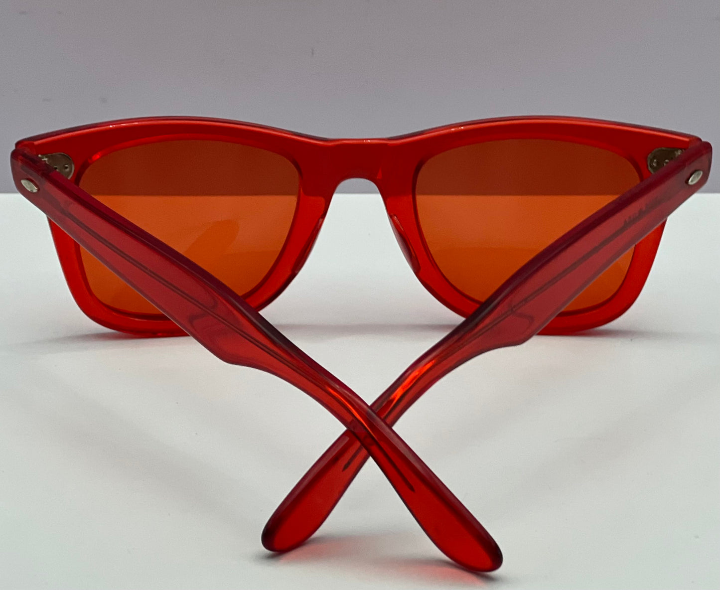 Vintage RED CHERRY Wayfarer Sunnies-USA Handmade with Brand New “Berko’s Designs” Custom Vermilion Lenses